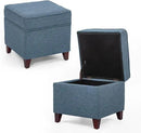 Adeco 17" Square Ottoman with Storage, Small Blue Storage Ottoman Foot Rest with Hinged Lid & Solid Wood Legs, Linen Fabric Foot Stool for Living Room & Bedroom by CozyNest Decor