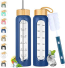 32 oz Glass Water Bottle with Straw - Motivational Time Marker & Silicone Sleeve - Reusable Tumbler Includes 2 Bamboo Lids & Fruit Infuser - 1 Pack by CozyNest Decor