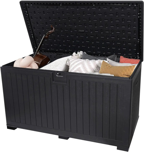 KUIKUI 320 Gallon Deck Box Waterproof, Extra Large Outdoor Storage Box Lockable with Divider and Lifter Prevent Water Seeping into from Floor for Patio Cushions