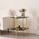 Glass End Table, Mid-Century Modern Design Sofa Table, for Living Room, L18 x W18 x H23 in, Clear Glass Top and Walnut MDF Shelf, Sleek Conical Metal Legs with Gold Finish Frame by CozyNest Decor