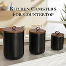 Black Ceramic Canister Set with Wooden Lid, 3-Piece Food Storage Jars for Kitchen Counter, Storage Container for Coffee, Tea, Spice, Sugar, Grains, Salt by CozyNest Decor