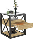 Farmhouse End Table, Modern Side Table with Drawer&3-Tier Storage Shelf, Square Rustic Nightstand, Accent Tea Table, for Bedroom Office Living Room, Brown, Natural Wood, Glass, Metal by CozyNest Decor