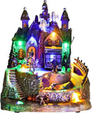 DREAM GARDEN Halloween Village Collection, Lighted Spooky Haunted House with Animated Train and Scary Sound Resin Spooky Town with Skull, Pumpkin, Ghost for Holiday Party Tabletop Decor by CozyNest Decor