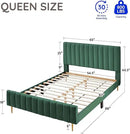 Livinia Queen Size Elton Velvet Platform Bed, Upholstered Bed Frame with Vertical Channel Tufted Headboard Footboard, Strong Wood Slats, No Box Spring Needed, Green (Queen) by CozyNest Decor