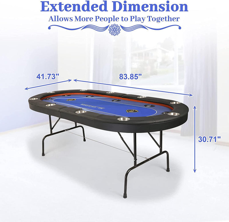 10 Player Folding Poker Table 84" Casino Texas Holdem Blue Felt Surface Game Table with Stainless Steel Cup Holder