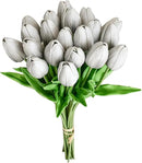 Mandy's Artificial Tulips 20 Stems Silver Grey PU Faux Flowers for Wedding Home Decor 13.5 Inch by CozyNest Decor