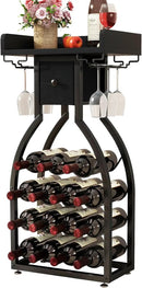 IBUYKE Wine Rack Freestanding Floor,Wine Storage 15 Bottles Bottle Rack with Glass Holders, Mini Bar Wine Cabinet with Storage Drawer for Home Bar Kitchen Dining Room,Black,UTMJ908B by CozyNest Decor