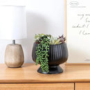 MyGift 8 Inch Modern Green Artificial Succulent Arrangement Potted in Matte Black Fluted Ceramic Round Planter, Decorative Plant Pot with Assorted Faux Mini Succulents by CozyNest Decor