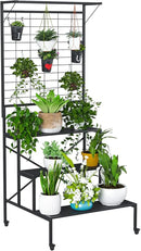 Zhongma 3 Tier Large Heavy Duty Plant Stand with wheels, Tall multi layer Plant Holder with Hanging Plant pot shelf, 35.43 x 33.27 x 80.7inch, Each Tier: 35.43 L x 10.5W, Easy to Hold Large Plant Pot by GreenHaven Gardens