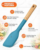 Cooking Spoon and Scraper for Nonstick Cookwares, Great for Cooking and Serving Durable BPA-Free Matte Silicone, Wood Handle Multifunction Spoon for Mixing, Scoop, and Scrape (BLUE) by CozyNest Decor