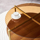 Round Coffee Table, Mid-Century Modern Design, D30 x H17, for Living Room, 2-Tier Structure, Amber Glass Top and Walnut MDF Shelf, Sleek Conical Metal Legs with Gold Finish by CozyNest Decor
