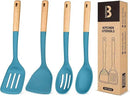 Silicone Cooking Utensils Set, Perfectly Angled for Frying, Mixing,Serving,Draining,Turning and Stirring, BPA-Free Matte Silicone, Wood Handles, Safe for Nonstick Cooking Surfaces,4 Pack (Blue) by CozyNest Decor
