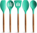 Zulay Kitchen Non-Stick Cooking Utensils Set with Authentic Acacia Wood Handles – 5-Piece Durable & Stylish Silicone Kitchen Utensils Set – Heat Resistant to 464°F – Mint by CozyNest Decor
