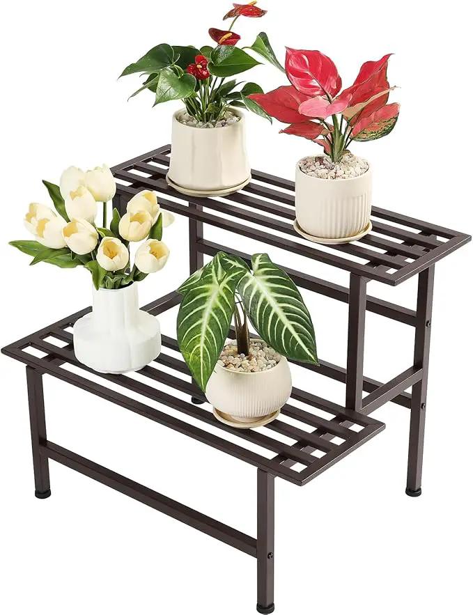 Metal Plant Stand Outdoor Plant Shelf Indoor,2 Tier Heavy Duty Ladder Plant Stands for Multiple Plants,26" L x 20.25" H x 17.75" W,Coffee