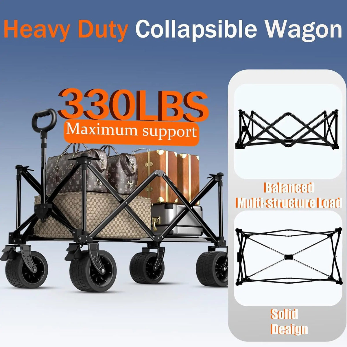 Collapsible Wagon Cart with Silent All-Terrain Wheels, Foldable Heavy Duty Beach Wagon with 330LB,Folding Cart with Cup Holders and Brakes for Camping, Garden,Shopping,Sports Black, photo 5 of 6