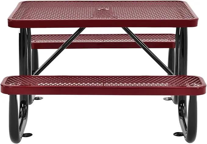 Global Industrial 4 ft. Expanded Metal Rectangular Outdoor Steel Picnic Table, Red, photo 6 of 11