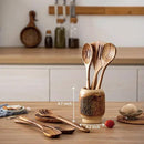 Gudamaye 13 inch Long Wooden Spoons for Cooking,Wooden Utensils for Cooking with Utensils Holder,9 PCES Wooden Kitchen Utensils Set with Utensils Holder and Spoon Rest,Natural Teak Wooden Spoons Set by CozyNest Decor