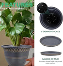 10 Inch 4 Pack Large Plant Pots, Plastic Flower Pot for Indoor & Outdoor with Drainage Holes & Saucer, Plaid Pattern Planters Garden Pots for Herbs by CozyNest Decor