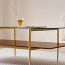 X-Large Rectangle Glass Coffee Table, Mid-Century Modern Design, for Living Room, L47 x W24 x H17 Inch, Clear Glass Top and Walnut MDF Shelf, Sleek Conical Legs with Gold Finish Frame by CozyNest Decor