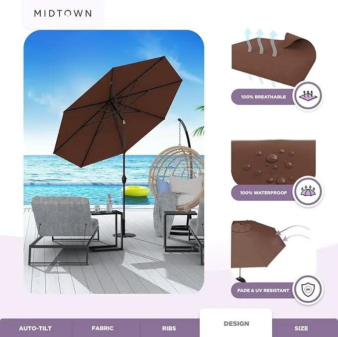 Midtown Umbrellas Sunbrella Umbrella 9 Feet Outdoor Umbrella With Sunbrella Bay Brown Acrylic Fabric - Auto-Tilt Aluminum Frame Patio Umbrella For Backyard, Deck, Garden, Pool - Black Pole, photo 5 of 7