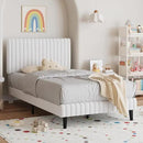 Twin Bed Frame, Velvet Upholstered Platform Bed with Vertical Channel Tufted Headboard and Footboard, No Box Spring Required, Easy Assembly, White by CozyNest Decor