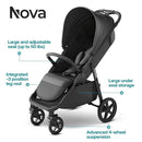 Mompush Nova Baby Stroller for Toddler, Infant & Newborn | Spacious Seat & Lie-Flat Mode | Compact One-Hand Fold, UPF 50+ Canopy & All-Wheel Suspension | Includes Rain Cover & Cup Holder by TinyTreasures Baby Boutique