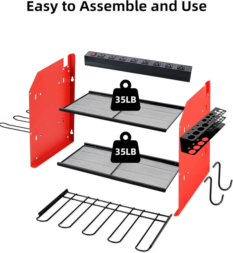 Power Tool Organizer wtih Charging Station，3 Layers Storage Rack with Screwdriver Rack 6 Drill Holders 8 Outlets Max Load 110lbs，for Workshop Garage Organizers and Storage Tool Battery Holder (red), photo 5 of 6