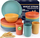 HOTEC 20-Pack Unbreakable Kitchen Plastic Wheat Straw Dinnerware Set – BPA-Free Plates, Bowls & Cups | Lightweight, Microwave & Dishwasher Safe | Multicolor Reusable Tableware for Home & Outdoor Use by CozyNest Decor