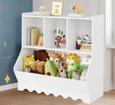 Wood Kid Storage Cubby, Toy Storage Organizer with Bookshelf, 32"L x 15"D x 31"H Montessori Toy Shelf, Nursery Book Shelves, Wooden 4-Cubby Children Book Shelf for Playroom Classroom, White by CozyNest Decor