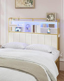 Headboard with 3-Tier Storage Shelves, Velvet Upholstered Head Board with 2 Outlets, USB Ports & LED Light, Soft Backrest for Queen Size Bed, White and Gold BH15203AV1 by CozyNest Decor