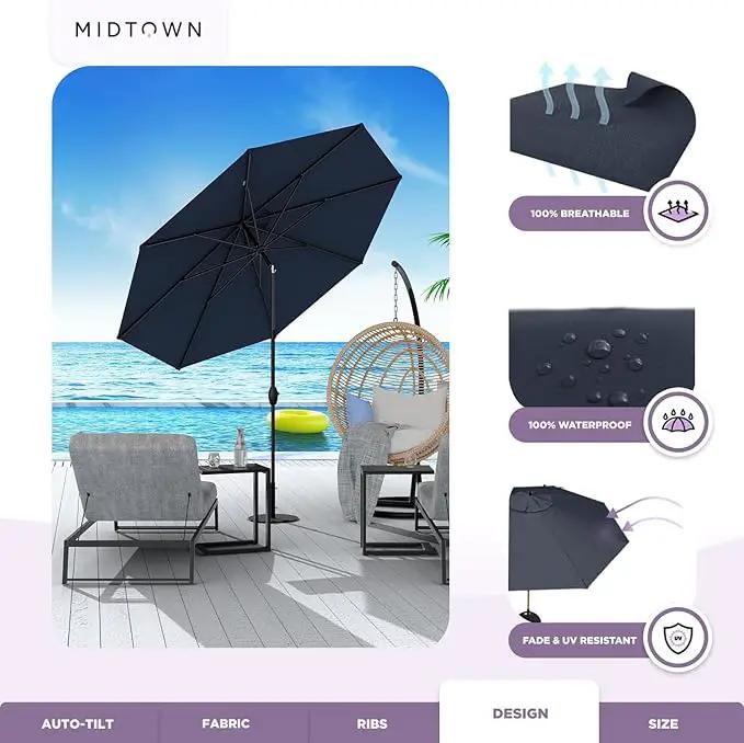 Midtown Umbrellas Sunbrella Umbrella 10 Feet Large Outdoor Umbrella With Sunbrella Canvas Navy Fabric - Auto-Tilt Aluminum Frame Large Patio Umbrella For Backyard, Deck, Garden, Pool - Black Pole, photo 5 of 7