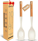 Large Silicone Cooking Spoon Set, 2 Pack Solid Slotted Spoon with Wooden Handle, Nonstick Silicone Kitchen Spoons for Cooking, Heat Resistan Spatula Set for Serving, Basting, Mixing (White) by CozyNest Decor