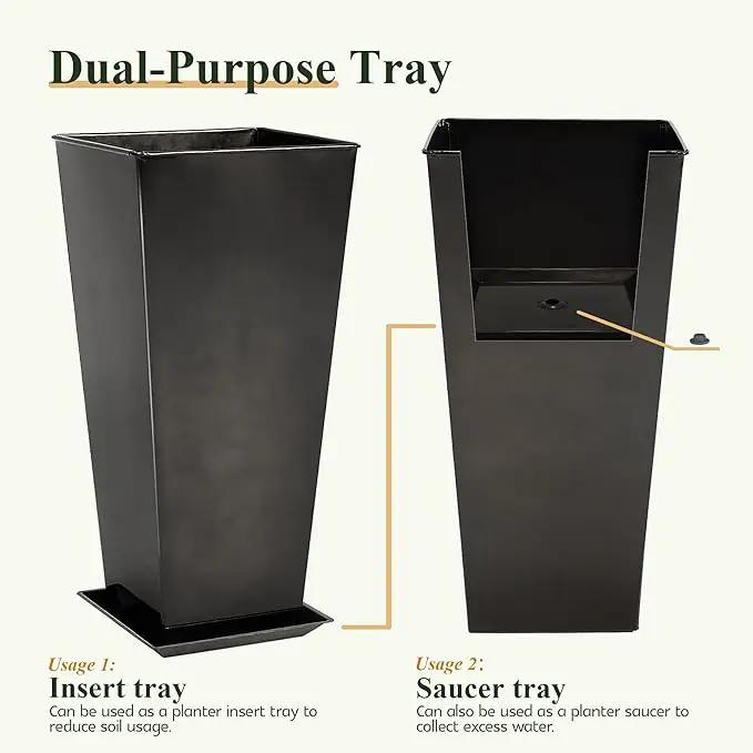 WORTH Garden 25" Large Metal Glazed Planter Set of 2, Luxurious Glossy Finish Black Tall Square Tapered Steel Plant Pots, Decor Flower Pot Indoor & Outdoor, Drainage Hole & Dual-Purpose Plant Saucer, photo 3 of 7