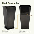 WORTH Garden 28" Large Metal Glazed Planter Set of 2, Luxurious Glossy Finish Black Tall Square Tapered Steel Plant Pots, Decor Flower Pot Indoor & Outdoor, Drainage Hole & Dual-Purpose Plant Saucer by GreenHaven Gardens