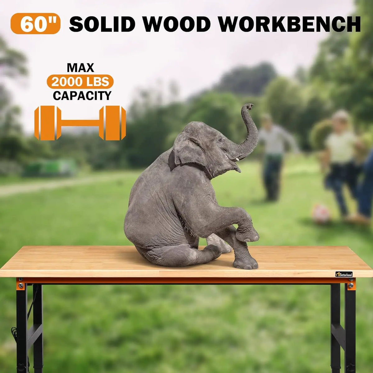 Adjustable Height Workbench, 60" Rubber Wood Top Heavy Duty Workstation with Power Outlets, 2000 LBS Load Capacity Hardwood Worktable for Workshop, Garage, Office, Home, Commercial, photo 5 of 6
