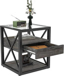 Farmhouse End Table, Modern Side Table with Drawer&3-Tier Storage Shelf, Square Rustic Nightstand, Accent Tea Table, for Bedroom Office Living Room, Grey, Natural Wood, Glass, Metal by CozyNest Decor