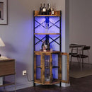 Corner Bar Cabinet with Power Outlet, 5-Tier Corner Wine Cabinet with Led Strip and Glass Holder, Industrial Tall Liquor Cabinet Bar Wine Rack for Home, Rustic Brown by CozyNest Decor