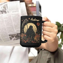 Custom Name Coffee Mug, Halloween Inspired Ceramic Cup 11oz 15oz, Personalized Spooky Reaper Coffee Cup, Halloween Character White Mug with Moon and Floral, Gifts for Men, Women by CozyNest Decor