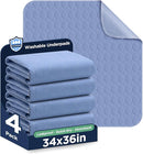 Washable Bed Pads 34" x 36" - 4 Pack, Blue, Waterproof Bed Pads for Incontinence, Bed Wetting Pads for Bed, Sofa, Floor, Resuable Underpads for Adults, Seniors, Pet by TinyTreasures Baby Boutique