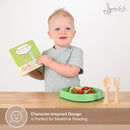 Made in USA Spoon la la Toddler Utensils Set (2 Pack) & Board Book - Spoon & Fork for Kids, Self-Standing 3D Ergonomic Cat & Dog Handles, BPA-free, Dishwasher Safe Baby Silverware (Yellow) by TinyTreasures Baby Boutique