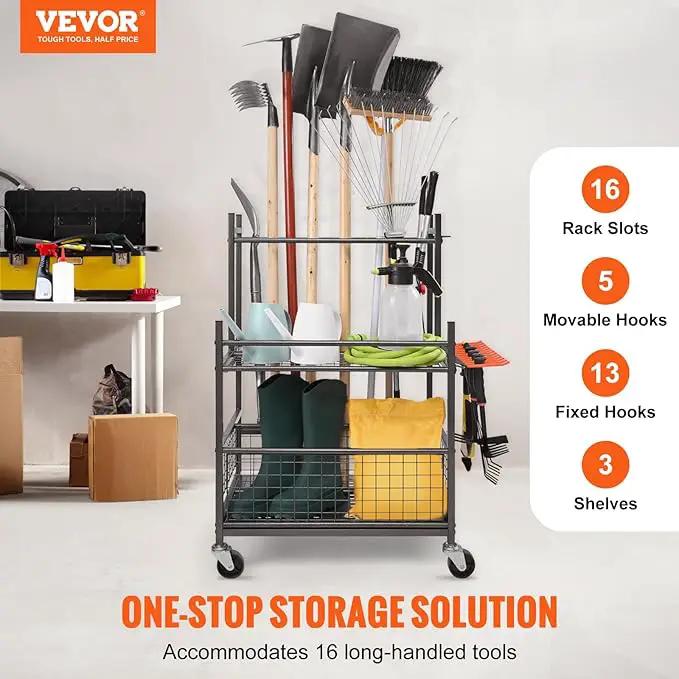 VEVOR Garden Tool Organizer, 16 Slots with Hooks, Yard Tool Tower Rack with Wheels for Garage Organization and Storage, Hold Long-Handled Tool/Rake/Broom, Metal Tool Stand Holder for Shed, Outdoor, photo 4 of 9