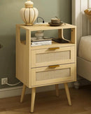 Rattan Nightstand with Charging Station,Modern Bedside Table with 2 Storage Drawer and Open Wood Shelf, for Bedroom and Small Spaces,Night Stand with Solid Wood Legs (Yellow Oak) by CozyNest Decor