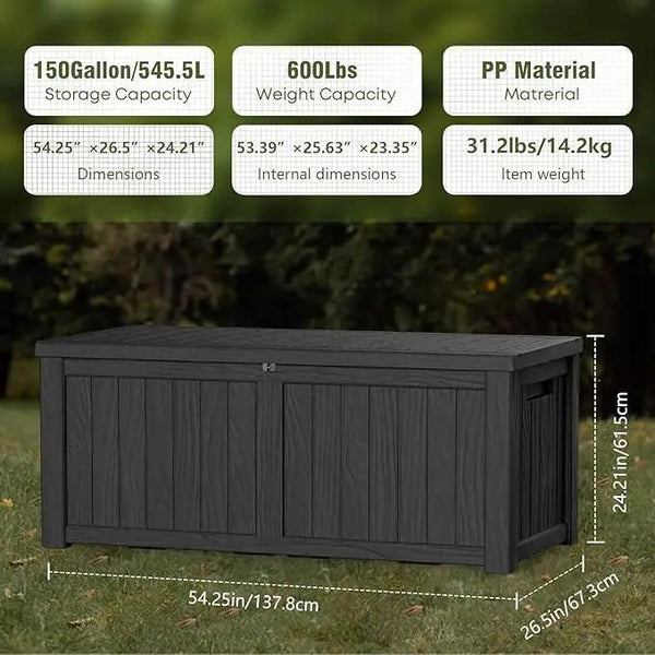 150 Gallon Outdoor Storage Box Patio Deck Box Waterproof, Resin Lockable Outside Large Storage Bin for Pool Cushion Furniture, Garden Tools UV-Resistant, Black, photo 2 of 9