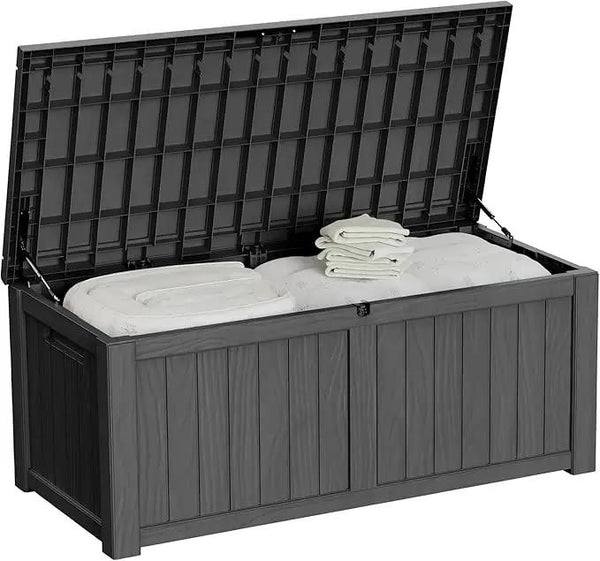 150 Gallon Outdoor Storage Box Patio Deck Box Waterproof, Resin Lockable Outside Large Storage Bin for Pool Cushion Furniture, Garden Tools UV-Resistant, Black