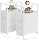 TUTOTAK Narrow Night Stand with Charging Station, Slim End Table with Plugins, Tall Side Table with 3 Fabric Drawer, Small Bedside Table with Storage, Set of 2, Living Room, Bedroom, White TB01BW073 by CozyNest Decor