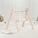 Comfy Cubs Wooden Baby Play Gym - Natural Finish Pinewood Baby Activity Gym with 5 Sensory Hanging Toys - Easy No-Tool Assembly, Safe and Durable for Infant Motor and Visual Development - Blush by TinyTreasures Baby Boutique