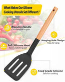 Pack of 4 Silicone Cooking Utensils Set, Non Stick Solid Spatulas and Heat Resistant Slotted Spoons with Wooden Handle, Ideal Wood Kitchen Utensils Set for Frying,Serving,Turning,Stirring (BLACK) by CozyNest Decor