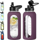 32 oz Glass Water Bottle with Straw and Handle, Sports Motivational Water Flask with Silicone Sleeve, Large Leakproof Water Flask Cup with Time Marker for Travel, Gym, Dark Purple by CozyNest Decor