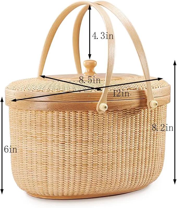 Nantucket style basket Picnic Basket rattan Handmade Products woven Sewing storage basket Two swing handles Tote Bag For Women, photo 7 of 10
