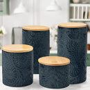 American Atelier Embossed Canister 4-Piece Ceramic Set Jar Container with Wooden Lids for Cookies, Candy, Coffee, Flour, Sugar, Rice, Pasta, Cereal & More by CozyNest Decor